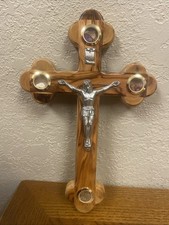 Olive Wood Crucifix Hanging Wall Cross From Holy Land Jerusalem Relic Inlay