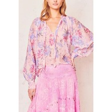 $295 LoveShackFancy Willow Floral Print Boho Ruffle Neck Tie Blouse Size M