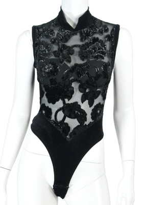 LA PERLA Metallic Black Floral Burnout Velvet Sheer Collared Bodysuit Top 38