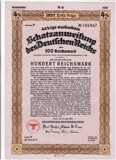 Deutsches Reich Berlin 1937 Treasury Loan 100 Reichsmark VF