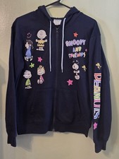 Peanuts Snoopy Friends Zip Up Hoodie Womens XS 0-2 Navy Blue Graphic Print