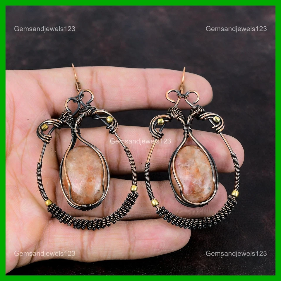 Oferta del Día de las Hermanas Ovalado Piedra Solar Natural Gota Alambre Envuelto Pendientes Joyería Cobre Foto 3 de 4