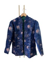 Vtg Peony Traditional Chinese Jacket Frog Buttons Womens Sz S/M Blue Reversible