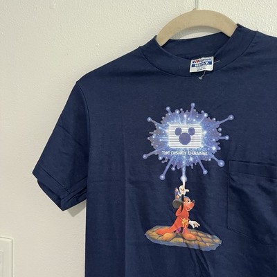 Vintage 80s DISNEY CHANNEL T-Shirt NOS Medium M Men Blue Pocket
