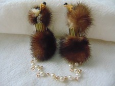vintage two mink fur covered dogs sweater guards pearl chain connector