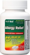 HealthA2Z Cetirizine 10mg Allergy Relief 250 Tablets 24 Hour Antihistamine