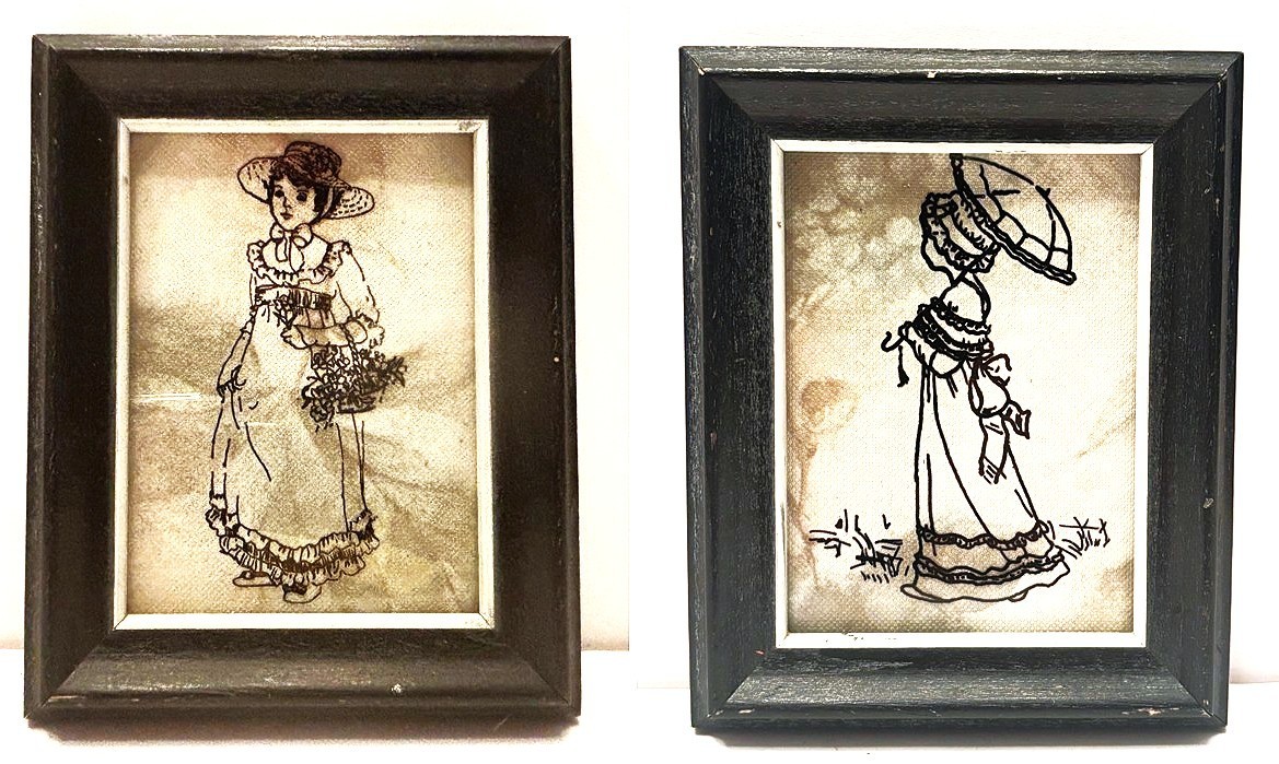PAIR 1930’s Painted Silhouette on Glass Victorian Girls Walking