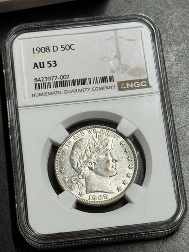 1908 D BARBER SILVER HALF DOLLAR GRADED NGC AU53 STUNNING TYPE COIN (Slab3551)
