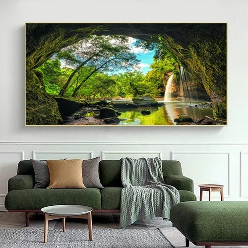 Landscape Picture Hole Tree Waterfall Canvas Painting Home Decor Poster Wall Art - Picture 3 of 6