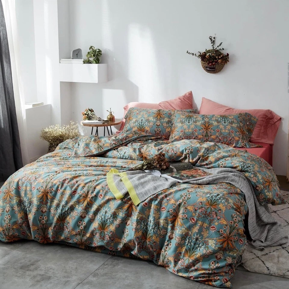 NUEVO Anthropologie Azul Naranja Boho King Size Ropa de Cama Edredón Floral Falso Estuche Set Foto 2 de 4