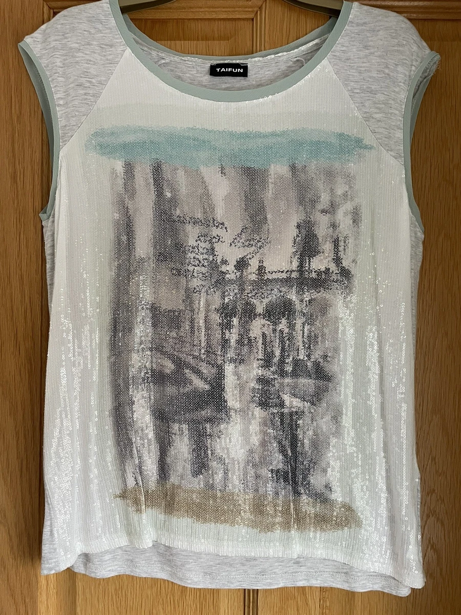 Taifun 371340-16206 T-Shirt, Nero con Motivo Decorativo, 40 Donna