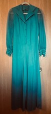 Vintage Jer Marai Size S Teal Green Nylon Jumpsuit Sheer Sleeves w Ruffle Trim
