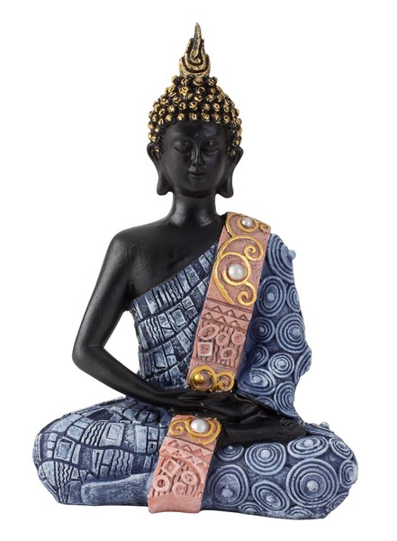 Moderne Skulptur Dekofigur Buddha Aus Kunststein Schwarz/Blau 13X20 Cm-image