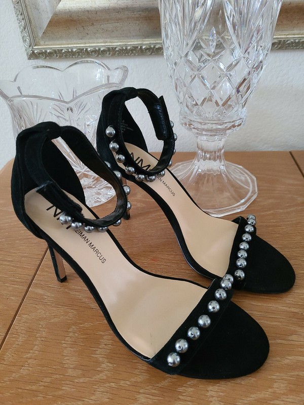 Neiman Marcus Suede Leather Pumps, Black Pearl Detail, Women's, 8b