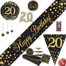 Black 20th & Happy Birthday Party Decorations Buntings Balloons Swirls Gold age