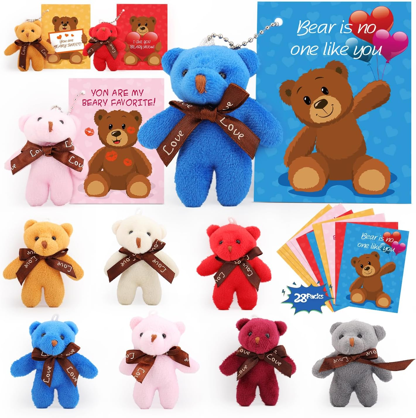 28 PCS Kids Valentine Cards with Bear Plush Toy for School Exchange