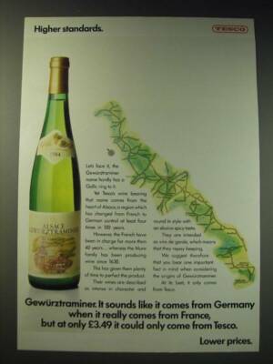 1987 Tesco Alsace Gewurztraminer Wine Ad - Higher Standards