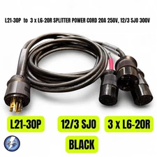 L21-30P to 3x L6-20R Splitter Power Cord 20A, 250V, 12/3 SJO Jacket BLK