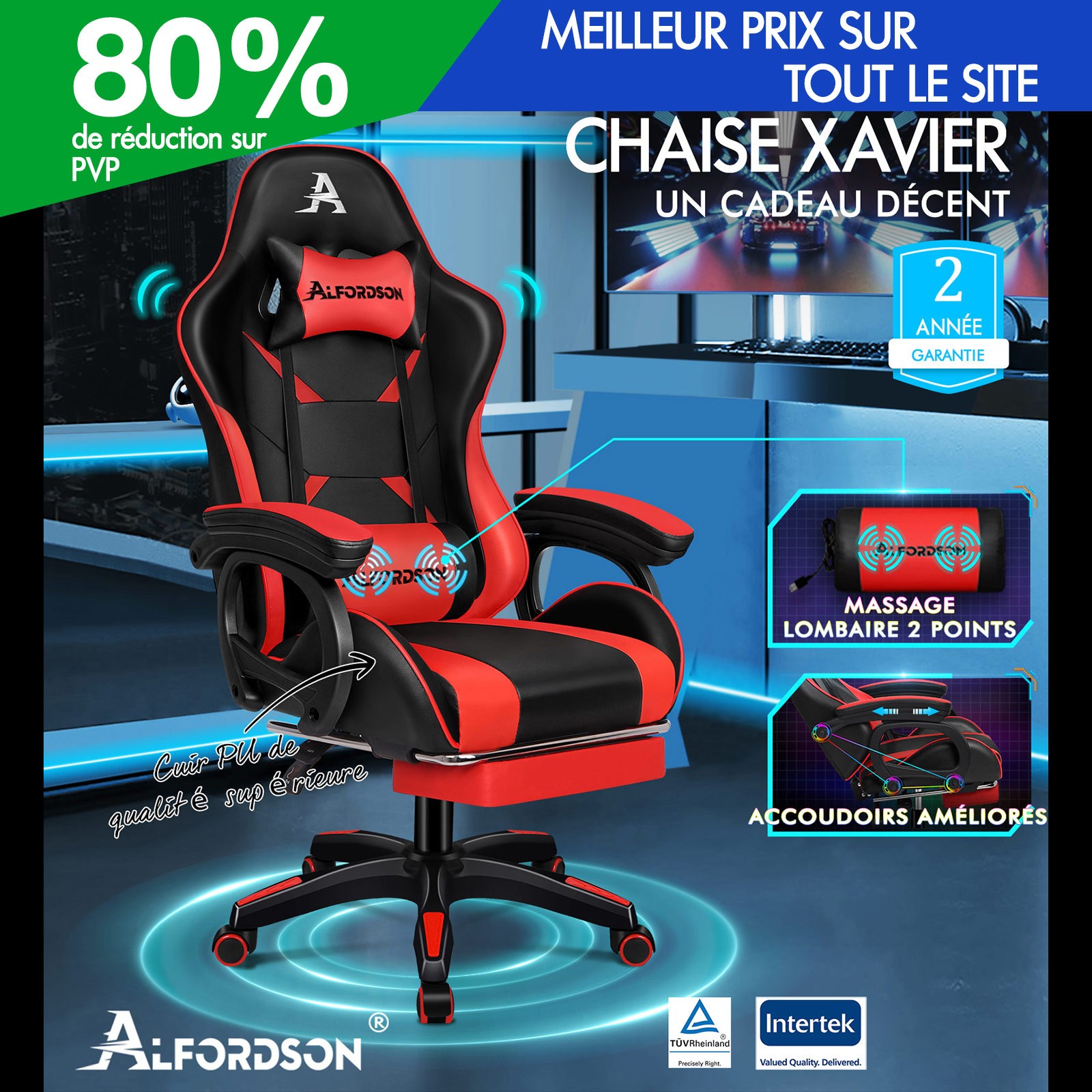 Chaise gaming contre le mal de dos siège de bureau avec massage lombaire USB