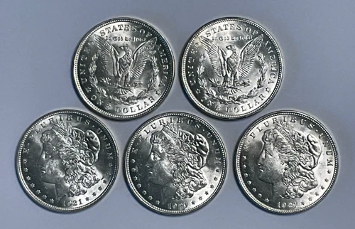 Lot of Five BU ( Brilliant Uncirculated) US $1 1921-P Morgan Silver Dollars