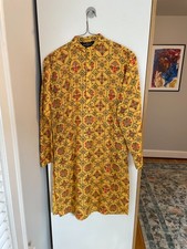 Sojanya Men's Cotton Linen Printed Long Kurta - Yellow pattern - Size 40