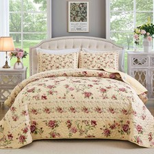 Beige Quilt Set Queen Size 3PCs Antique Rose Beige Bedspread Coverlet Set