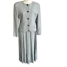Christian Dior The Suit Vintage 80s Black Houndstooth Plaid Pleated Skirt Suit