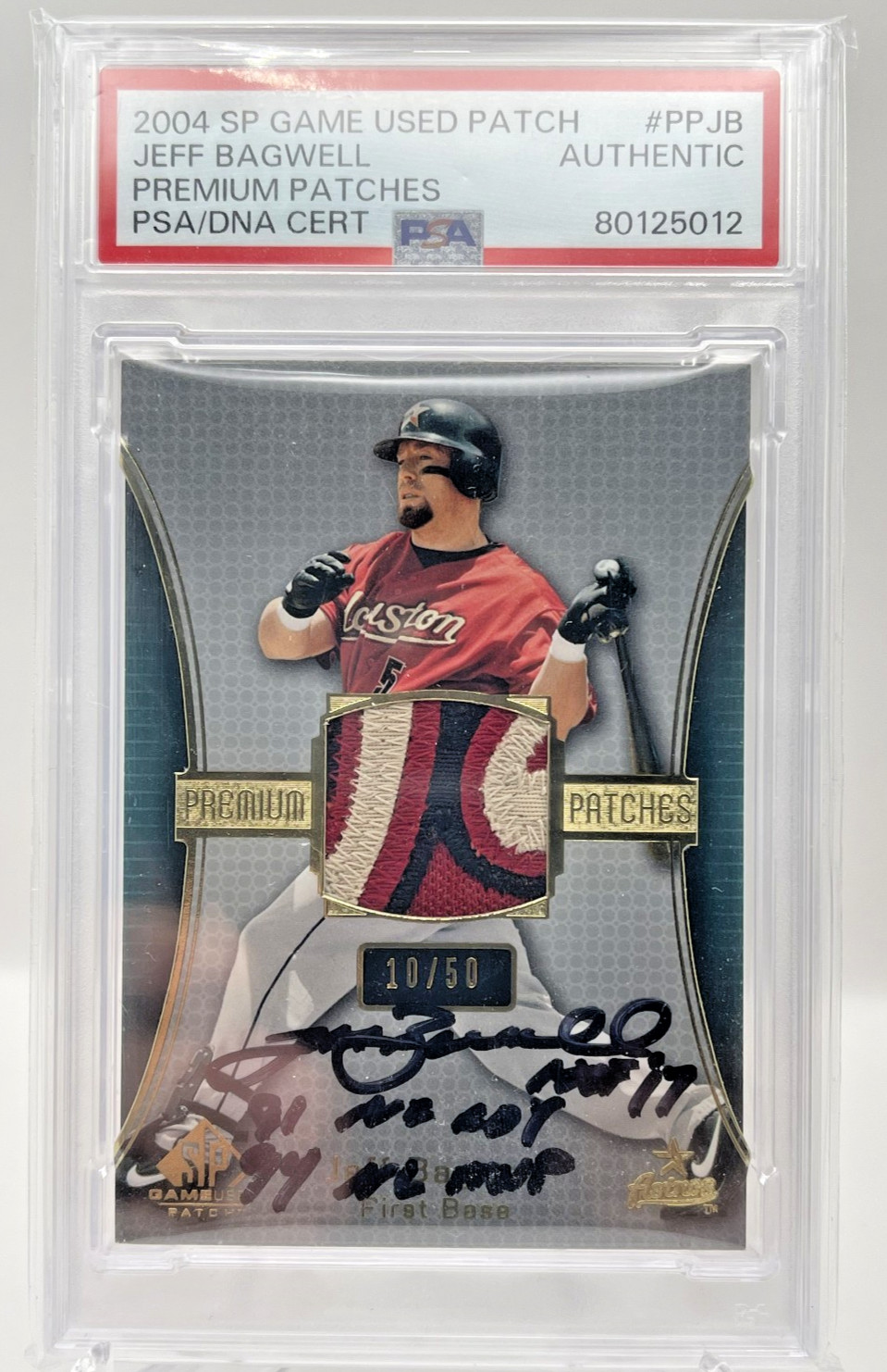 2004 SP GAME USED 3 COLOR PATCH JEFF BAGWELL HOF /50 PSA/DNA AUTO ASTROS POP 1
