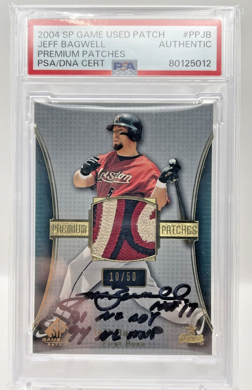 2004 SP GAME USED 3 COLOR PATCH JEFF BAGWELL HOF /50 PSA/DNA AUTO ASTROS POP 1