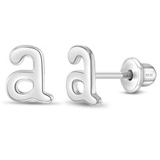 Polished Initial Letter Kids / Girl Earrings Screw Back - Sterling Silver
