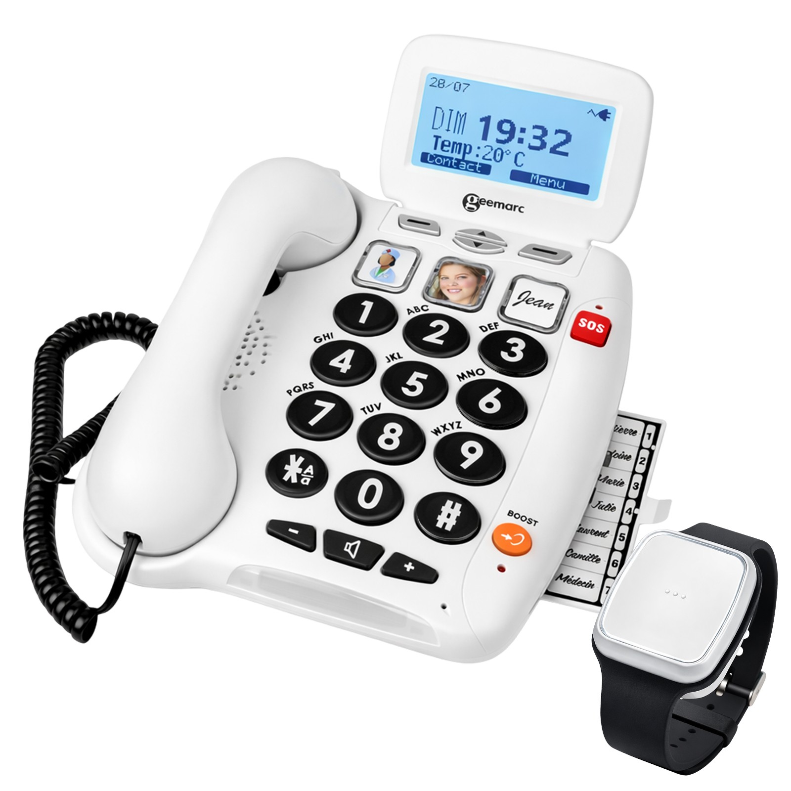 Téléphone seniors Geemarc pour rester autonome à la maison avec bracelet SOS blanc