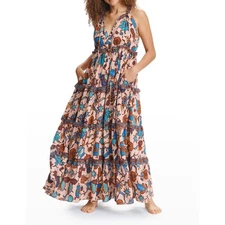 Love The Label Juliette Dress Nude Floral V-Neck Sleeveless Tiered Maxi Size XS