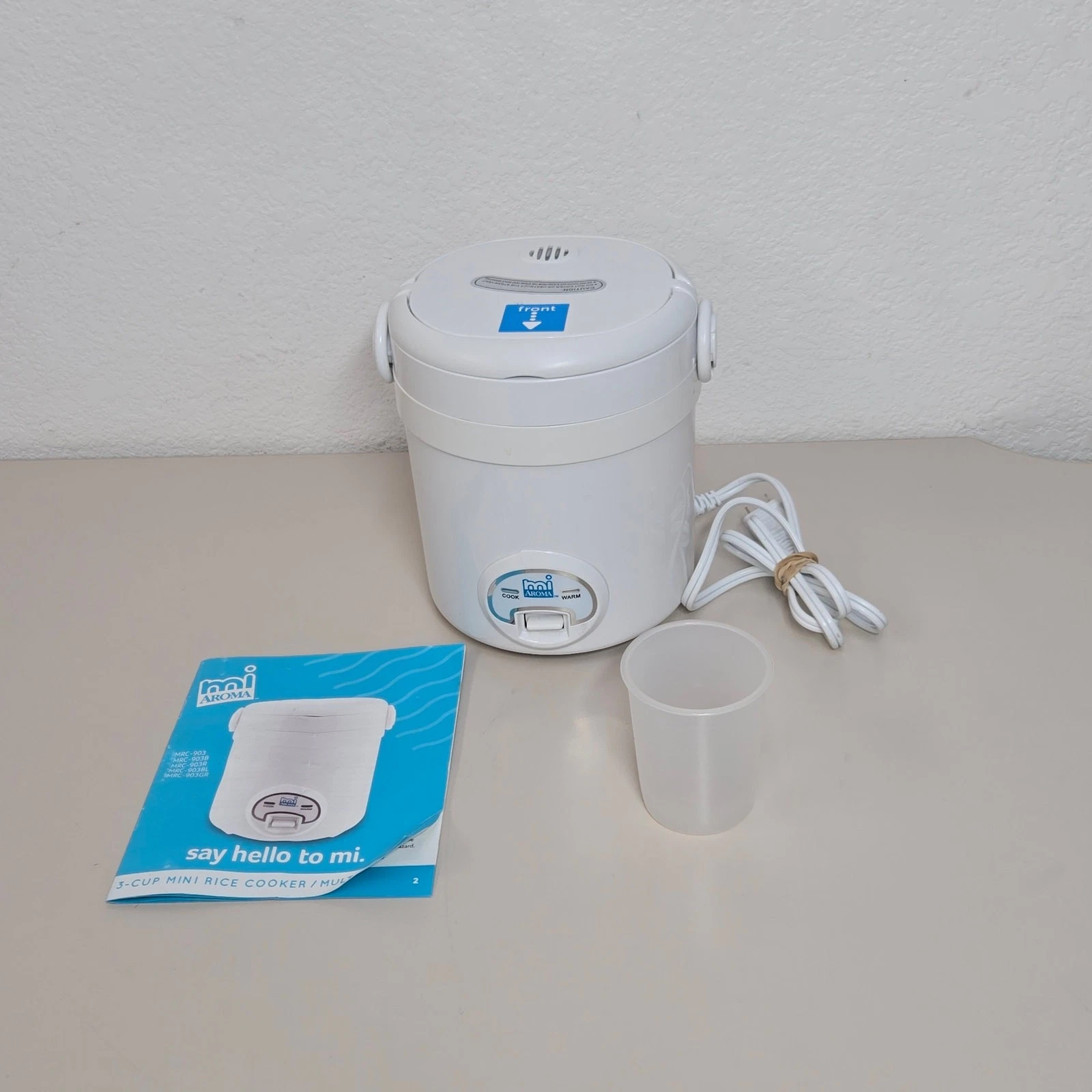 Aroma MI Rice Cooker MRC-903 3-Cup Mini White w/ Lid Insert & Measuring Cup