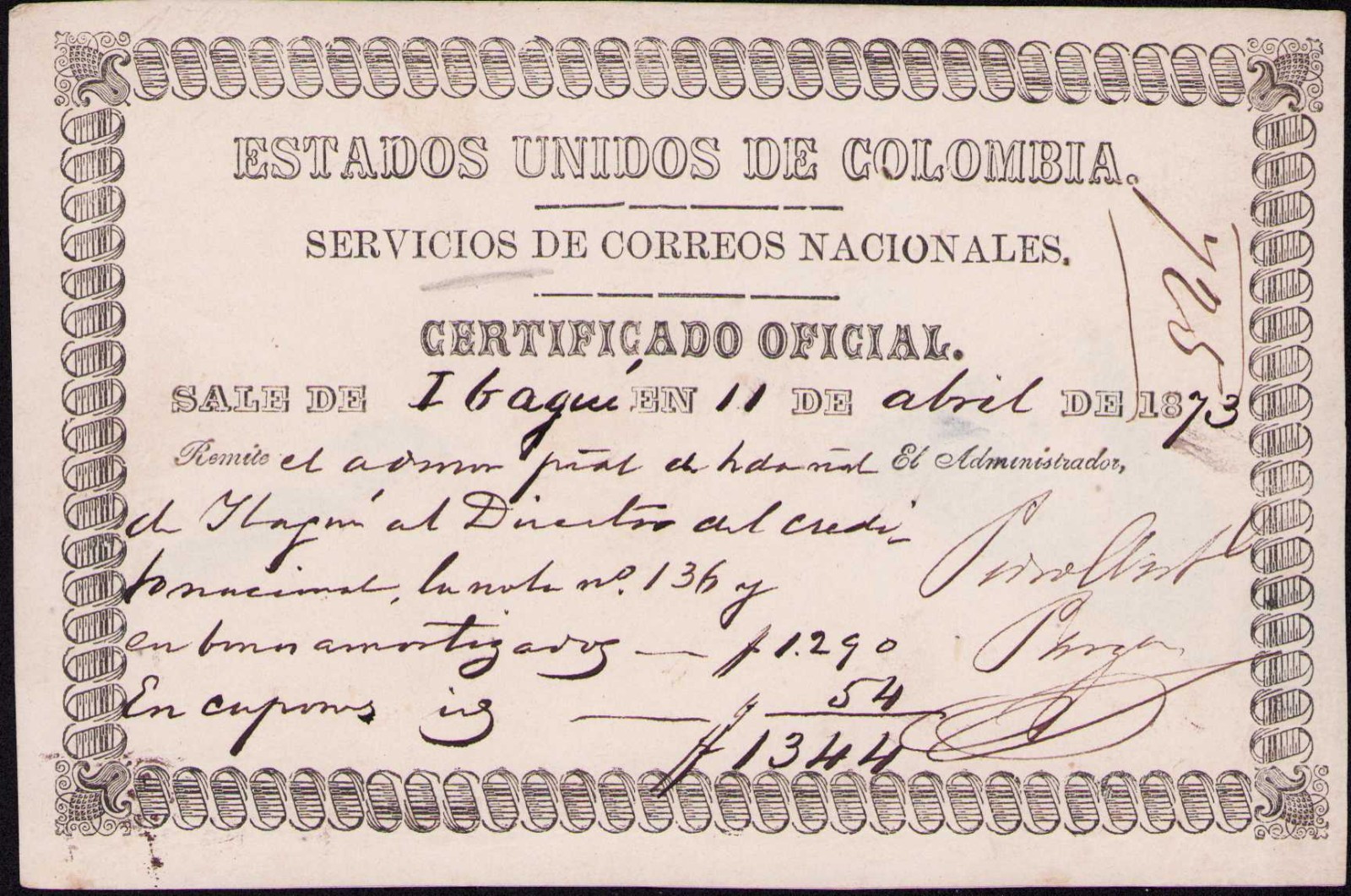 COLOMBIA - OFFICIAL INSURED LETTER - IBAGUE to BOGOTA - 1873 - Sc GO3 RR