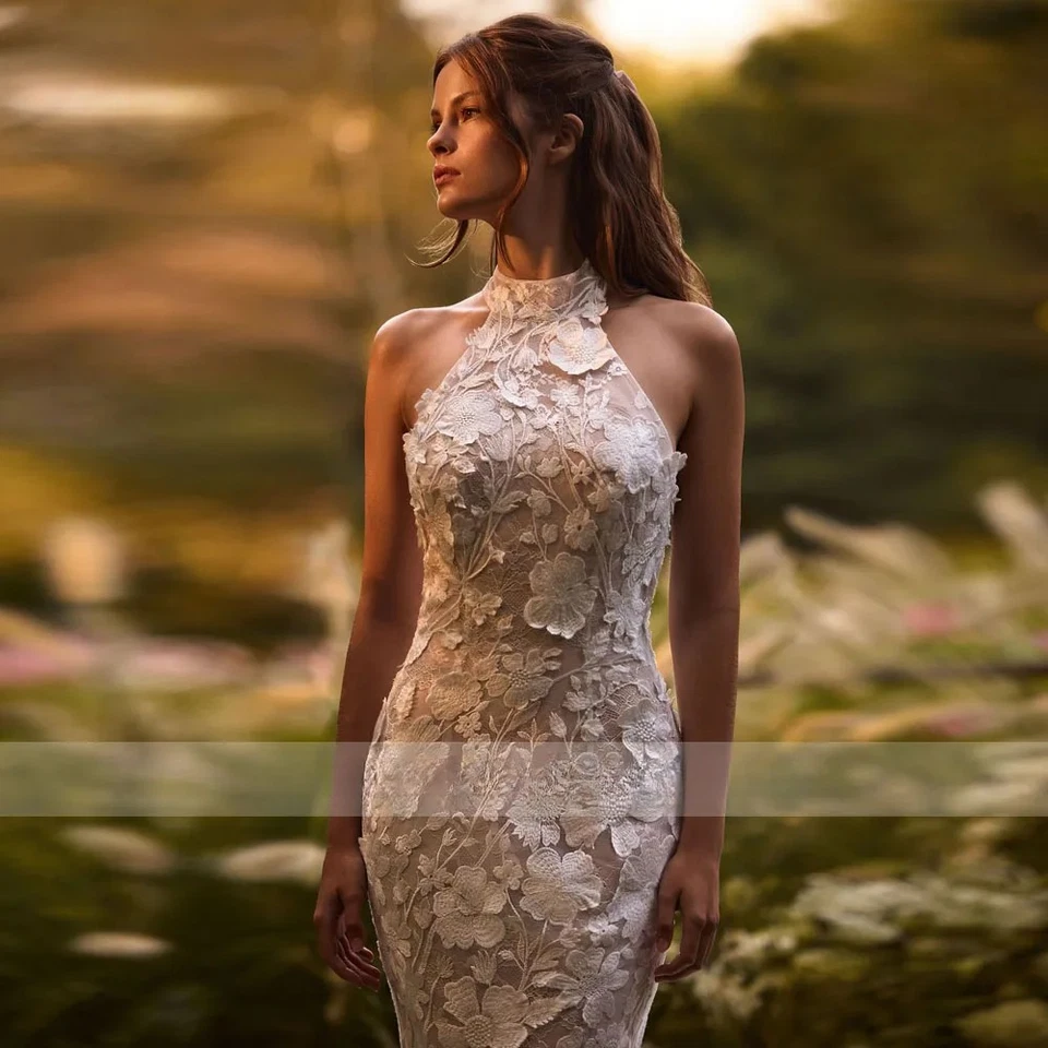Mermaid Sexy Wedding Dresses Halter Neck Backless Lace 3D Flowers Bridal Gowns - Image 3 of 4