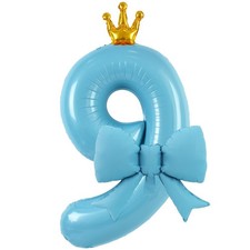 40 Inch Crown Number Balloon with Blue Bow,Blue 9 Balloon for Birthday