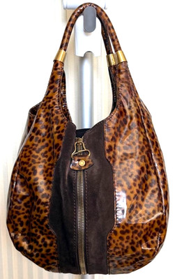 Jimmy Choo Leopard Patent Suede Hobo Tote Bag Brown Gold Zip Shoulder Handbag
