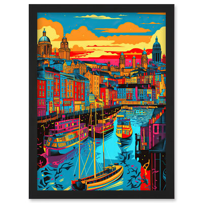 Lebendige Liverpool City Waterfront Sonnenuntergang Stadtbild gerahmtes Kunstbild Druck A4
