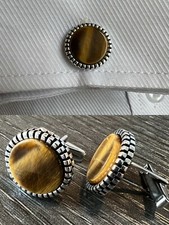 Real 925 Sterling Silver Tiger's Eye Stone Cuff Links Cufflinks Tuxedo Shirt