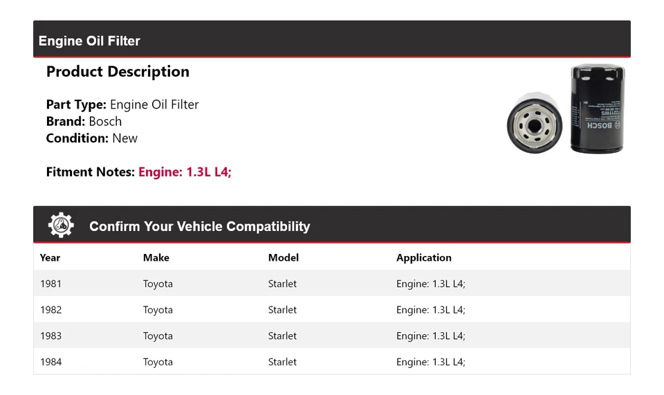 Filtro de aceite de motor Bosch 1982 1983 para Toyota Starlet 1981-1984 1,3 L4 Foto 2 de 3