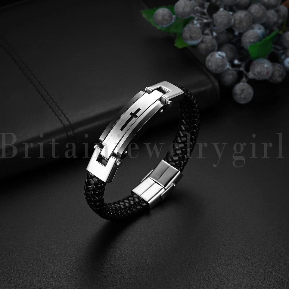 Pulsera Brazalete Religioso Cruz Cuero Trenzado Acero Inoxidable para Hombre Foto 3 de 4