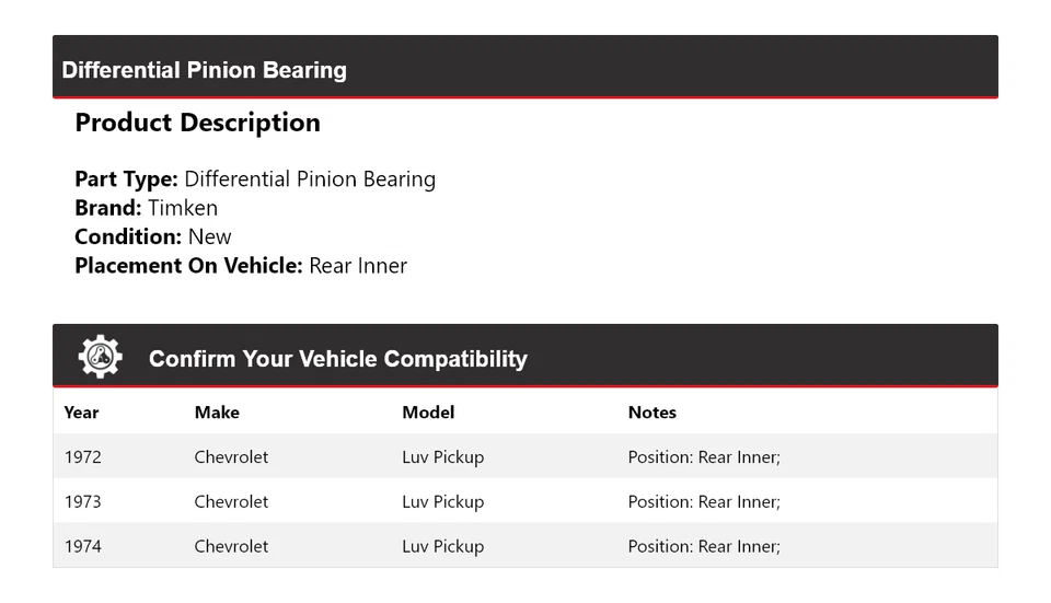 Cojinete de piñón diferencial trasero Timken para camioneta Chevrolet Luv 1972-1974 Foto 2 de 4