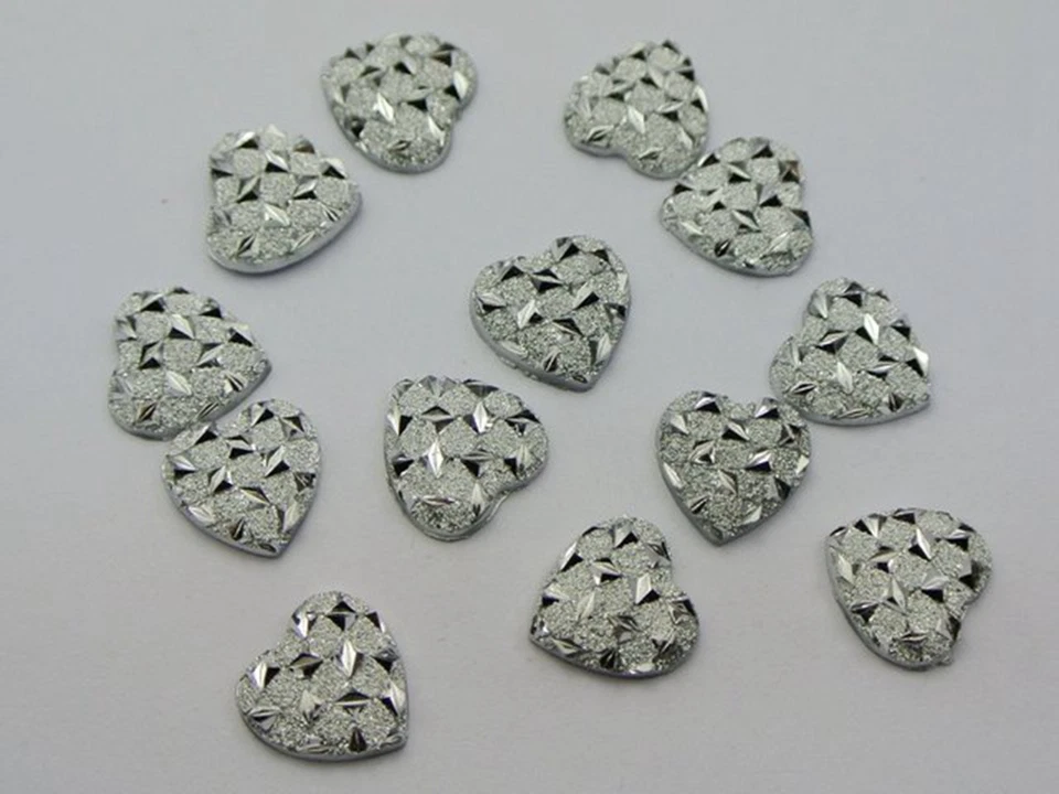200 Silver Flatback Acrylic Glitter Heart Rhinestone Cabochons 11X11mm - Imagem 2 de 4