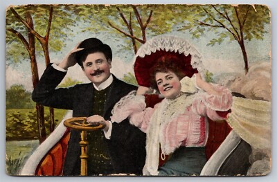 Lovers Enjoying The Breezy Ride In Old Car C1908 DB Postcard N8