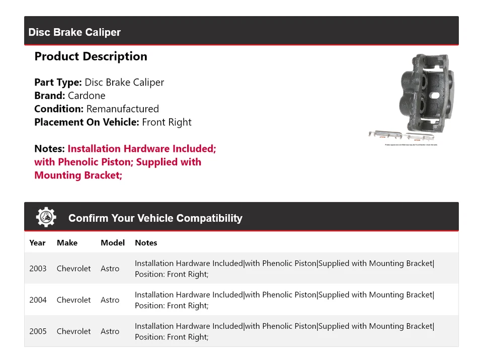 Pinza de freno de disco delantera derecha Cardone 2004 para Chevrolet Astro 2003-2005 Foto 2 de 4