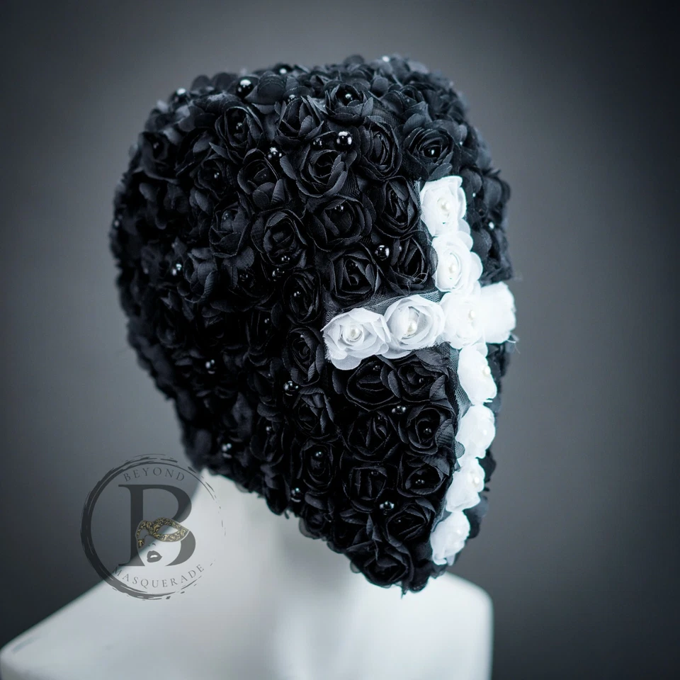 THE MASK FULL FACE MASK COVER MASQUERADE MASK BLACK WHITE ROSES HAUTE - Image 3 of 3