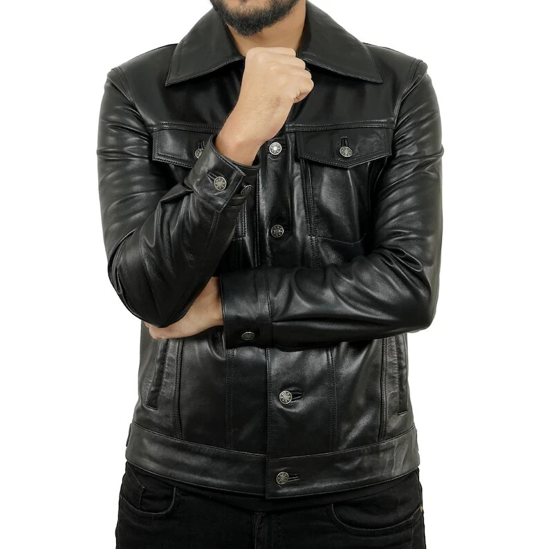 ALTRA Giacca uomo camionista pelle nera vera pelle di agnello classica anni 80 western giacche