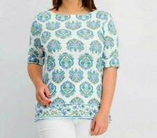 Karen Scott Women's Blouse Plus Size 1X White/ Olive Sprig Boat Neck - NEW