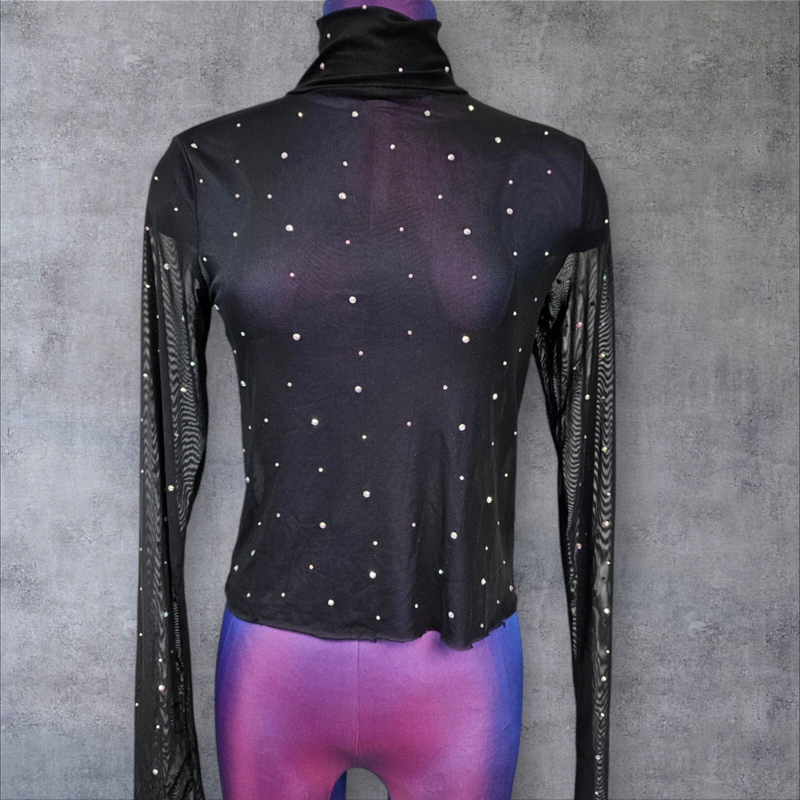 Wild Fable Black Rhinestone Embellished Mesh Top Long Sleeve Size Small G20