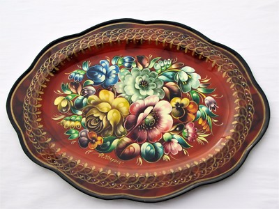 Plateau JOSTOVO Russie 50x33 métal peint main laqué signé tray tablett